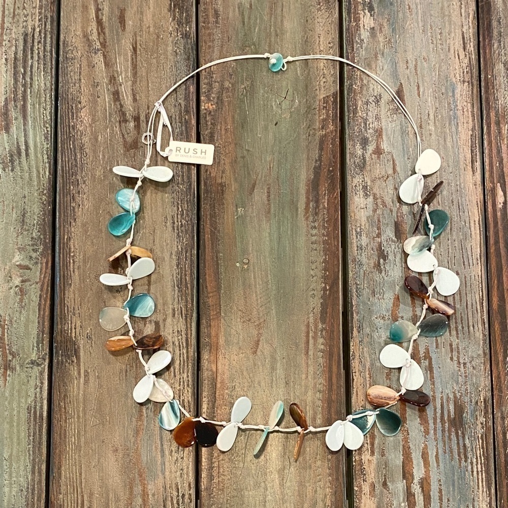 RUSH NWT By Denis & Charles Long Necklace Beachy Plastic Beaded Blues Browns